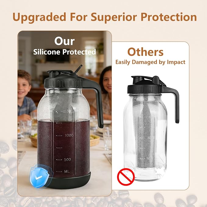 Cold Brew Coffee Maker, 64oz Mason Jar Pitcher with Stainless Steel Filter, Sealed, Leak-Proof Lid with Pour Spout & Handle, Heavy Duty Glass Iced Coffee Tea Brewer with Non-Slip Silicone Base-Black - Image 4