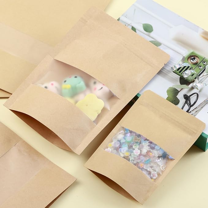 150 Kraft Mylar Bags for Food Storage 6X9 Mylar Bags with Window Candy Packaging Resealable Bags Reclosable Small Stand Up Pouches Edible Packaging, Kraft Paper Bags for Small Business - Image 7