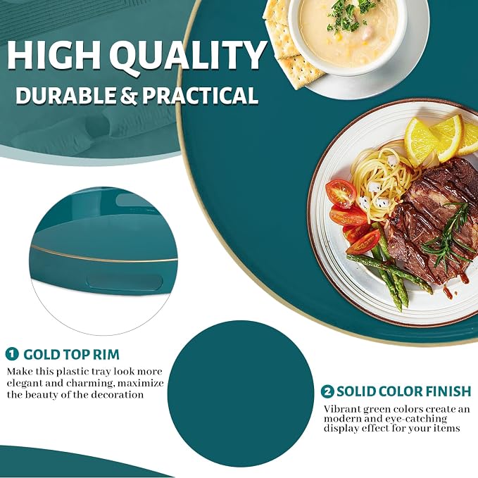 MAONAME 13" Teal Decorative Tray, Plastic Round Serving Tray with Handles | Green Decorative Tray for Coffee Table, Modern Ottoman Tray, Circle Tea Tray, Round Melamine Tray for Living Room, Bathroom - Image 4