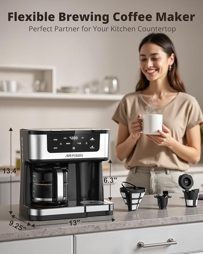 AIRMSEN 12-Cup Programmable Dual Coffee Maker – Single Serve Machine for K-Cup Pods & Ground, 1000W Fast Brew, Delay Start, 2H Keep Warm, Touchscreen, 60oz Tank, Glass Carafe – Home & Office - Image 2