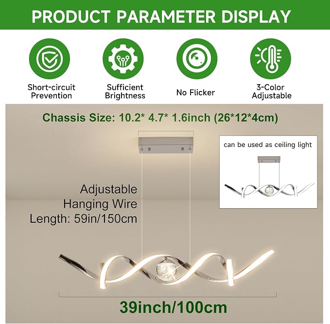 ORANOOR LED Modern Chandeliers 39inch Dimmable Chrome Kitchen Pendant Light | Silver LED Chandelier Lights for Dining Room, Linear Wave Spiral Pendant Light Fixtures, Dining Lights Ceiling Hanging, 36W - Image 5