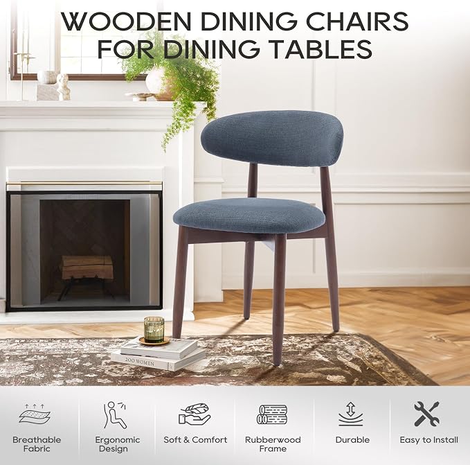 COLAMY Wooden Dining Chairs Set of 4, Modern Fabric Upholstered Dining Room Chair, Farmhouse Kitchen Side Chairs with Foot Pegs, Blue - Image 6