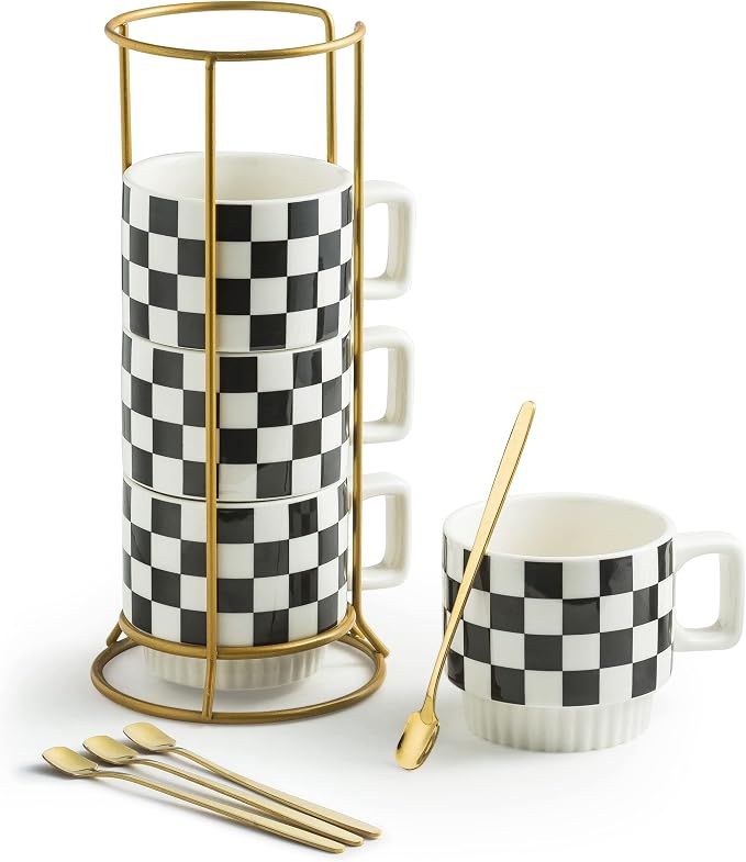 Miamolo Stackable Coffee Mug Set of 4 with Rack and Spoons, Space-saving | 11 oz, Ceramic | Checkered Black and White Pattern | for Coffee Tea Cocoa Milk, Housewarming Gift | Dishwasher Microwave Safe by Miamolo