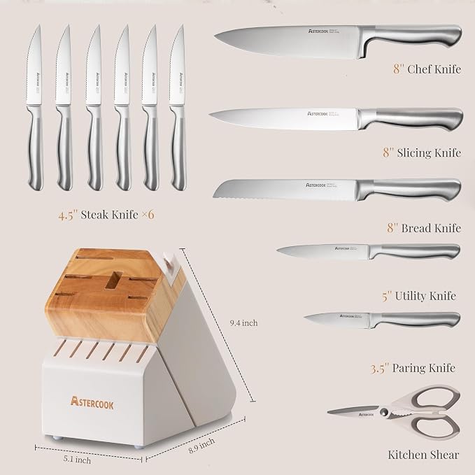 Astercook Knife Set for Kitchen with Block Sharpener 14Pcs Dishwasher Safe | Full Tang Stainless Steel Knives and Anti-Slip Ergonomic Handle Utensils Set - Image 7