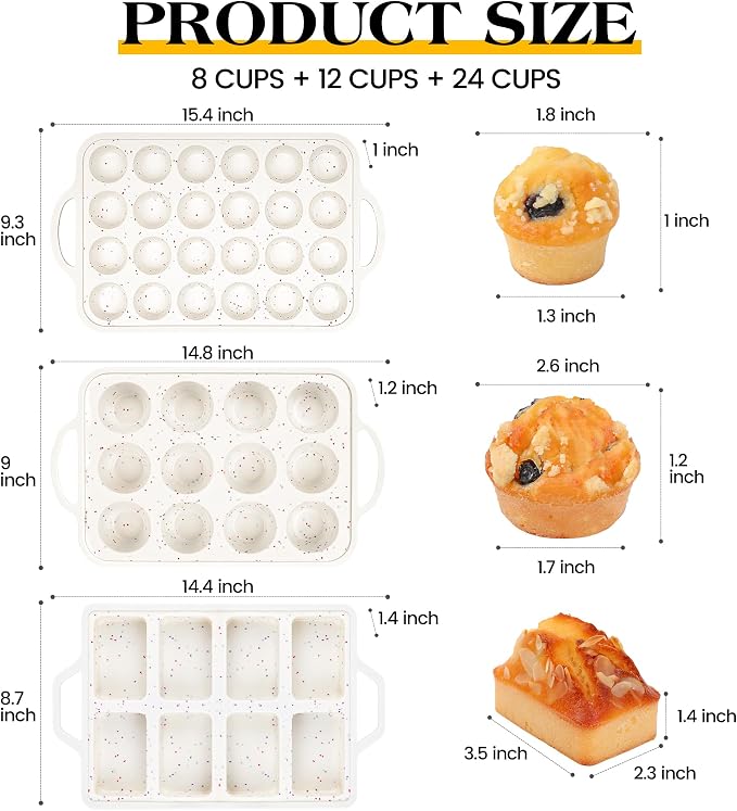 3 Pcs Silicone Baking Pan Set, Cream | Metal Reinforced Frame, Mini Loaf Pan, Standard Muffin Pan, Mini Muffin Pan - Image 4