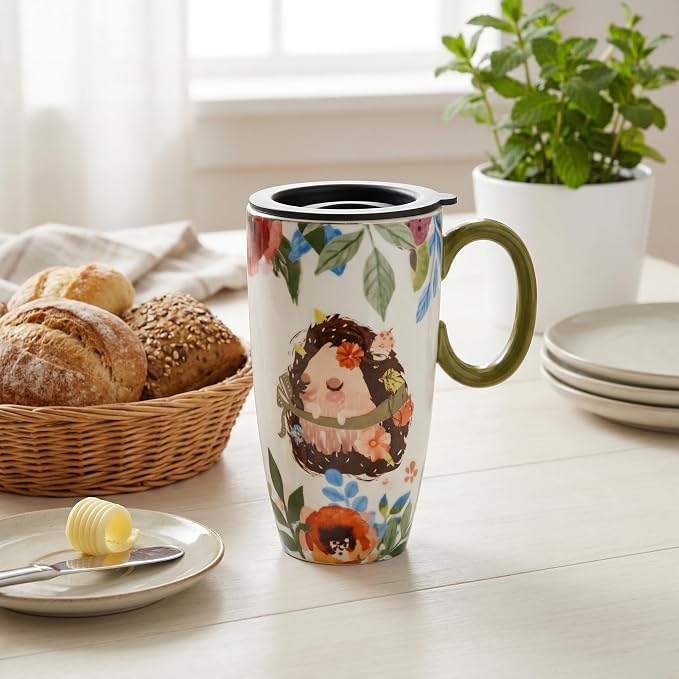 Ceramic Travel Mug with Lid - Tall Coffee Mugs with Handle, Porcelain Coffee & Tea Cup, Cute Hedgehog Design, Christmas Birthday Gifts for Women Man 20oz - Image 6