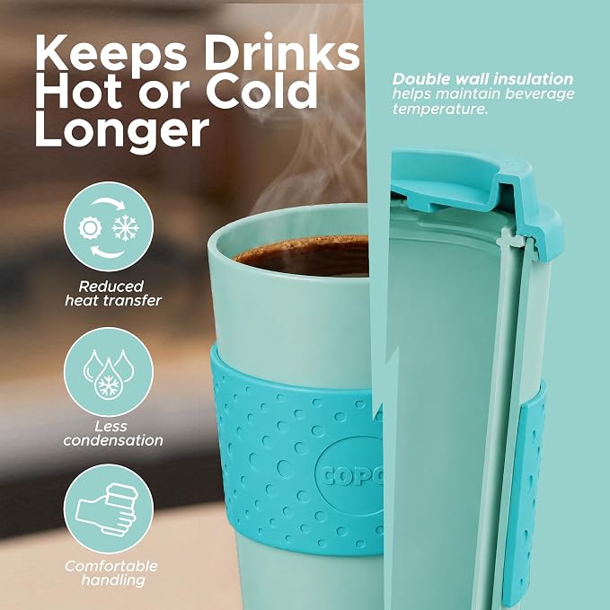 Copco Acadia Travel Mug with Lid, 16 Oz - Aqua & Mint, Set of 2 | Double Wall Insulated Tumblers with Spill Resistant Lids, Non Slip Grip, Slim Design Fits Car Cup Holders, Dishwasher Safe - Image 3