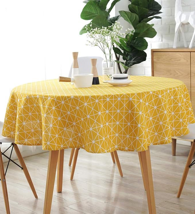 meioro Yellow Boho Table Cloth Round Cotton Linen Nordic Twill Tablecloths Wrinkle Free Fabric Checkerboard Stripe Table Cloths Rustic Cover for Kitchen Dining Party Outdoor Picnic(Round 47 Inch) - Image 3