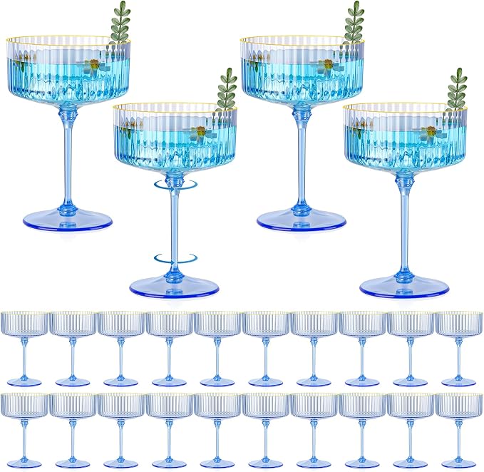 24 PCS Plastic Champagne Coupe Cup Ocean Blue Ribbed Coupe Glasses 10oz Detachable Gold Rim Espresso Martini Glass Vintage Margarita Glassware Cocktail Glass Set for Baby Shower Hanukkah by Unknown