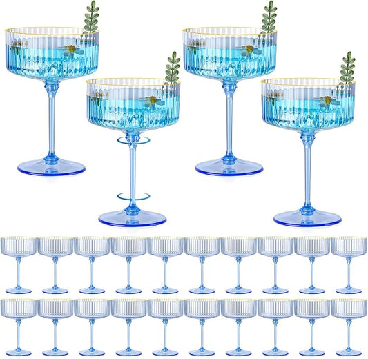 24 PCS Plastic Champagne Coupe Cup Ocean Blue Ribbed Coupe Glasses 10oz Detachable Gold Rim Espresso Martini Glass Vintage Margarita Glassware Cocktail Glass Set for Baby Shower Hanukkah by Unknown