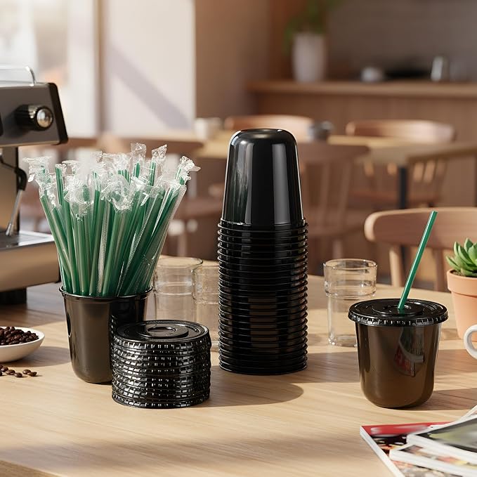 Baderke 25 Set Plastic Cups with Lids and Straws, Disposable Plastic Iced Coffee Cup for Cold Beverage Juice Smoothie Crystal for Coffee Shops Party Catering (Black,12 oz) - Image 2