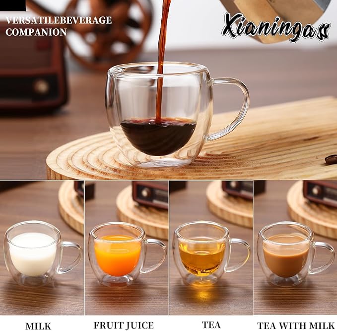 Double Walled Espresso Cups set of 6, 2.7oz Clear Glass Coffee Mugs, Double-layer Insulated Coffee Cups, Suitable for Espresso, Americano, Tea Bags, Beverage