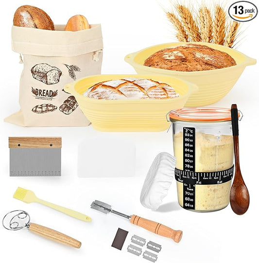 Sourdough Starter Kit 13Pcs Sourdough Bread Baking Supplies, Complete Bread Making Tools 9in Round & 10in Oval Silicone Banneton Proofing Basket Set with Sour dough Starter Jar