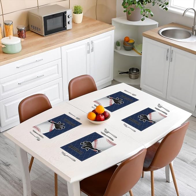 Feelyou Baseball Placemats Set of 4 18"x12" Navy Blue Baseball Table Place Mats, for Kids Boys Girls Teens Baseball Player Placemat for Kitchen Dining Table Decor Indoor Outdoor Set Ball Sport - Image 3