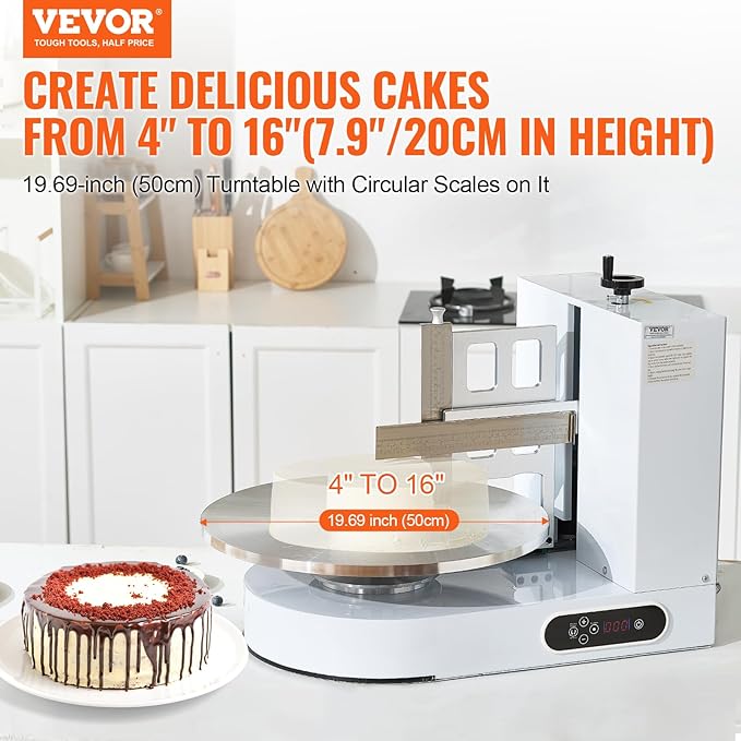 VEVOR Cake Decorating Machine, Cake Cream Spreading Coating Smearing Machine, Low Noise Cake Frosting Machine, Turntable with Adjustable Scraper, for 4" to 16" Cake, 25-320RPM Rotating Speed, White