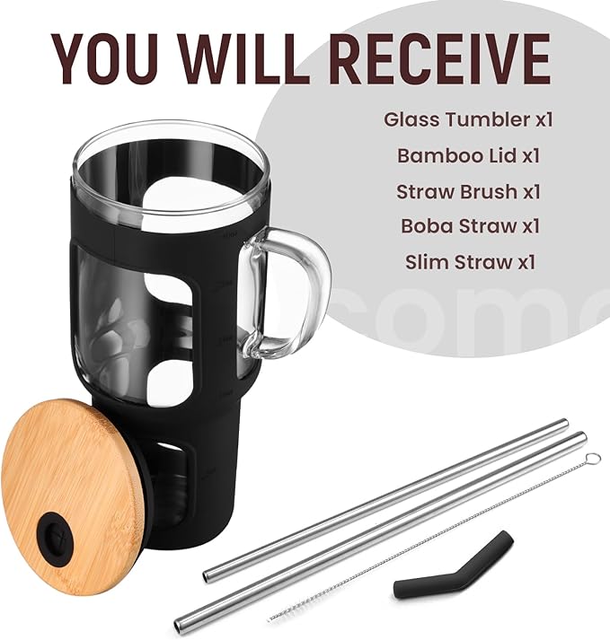 COMOOO 40oz Glass Tumbler with Bamboo Lid and Straw, Glass Water Cup with Handle, Iced Coffee Drinking Cup with Silicone Sleeve, Glass Tumbler Dishwasher Safe, Cup Holder Friendly, Black