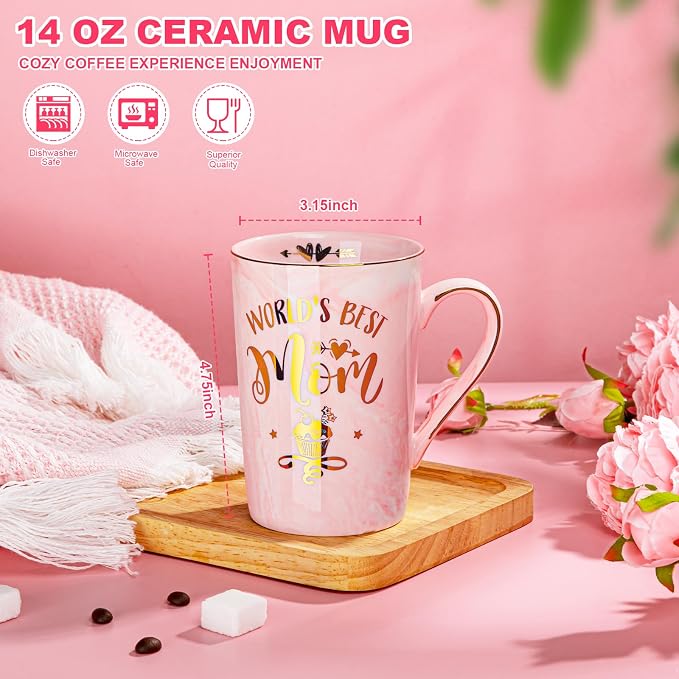 Birthday Gifts for Mom from Daughter Son Kids - Funny Birthday Gift Ideas for Mothers Wife Women - 14Oz Marble Ceramic Best Mom Coffee Mug with Lid Spoon Card, Box, Unique Moms Cup Gifts-Boxed Set | Unique Mom gifts Pink Marble Ceramic Cup With Lid Spo... - Image 2