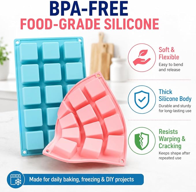 2 Pack Square Cube Silicone Mold, 30 Cavity 1.4" Food-Grade BPA Free Heat Resistant Baking Mold for Chocolate, Cake, Truffle, Jello, Brownie, Ice Cube, Soap - Image 4