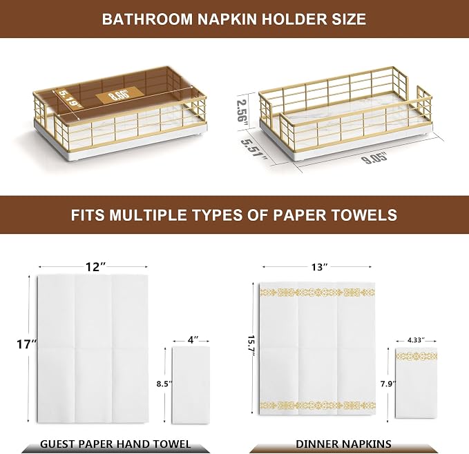 Wican Marble Guest Towel Holder Tray for Bathroom, Napkins Holder | Powder Room Dining Table Wooden Basket for Disposable Paper Hand Towels, Gold and Marble White - Image 6