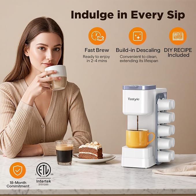 Tastyle Hot & Iced Coffee Maker with Magnetic K-Pod Holder, Fits 7.3'' Mug | Stores 10 Pods, for K Cup & Grounds, Compact for Home, Office & RV， Brew 6-24oz Coffee, 40 oz Removable Tank, K330CH, White - Image 6