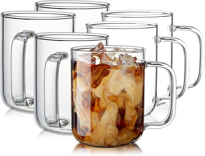 Glass Coffee Mugs, 12 oz iced coffee cups, Clear Tea Cups Set of 6, Glass Mugs with Handles, Glass Cups for Latte, Cappuccino, and Tea by BWODYAY