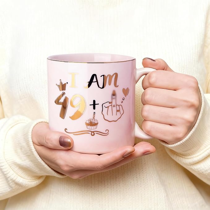Funny 50th Birthday Gifts for Women, 14oz Pink Mug with 49+1 Hand Design | Marble Ceramic Coffee Cup with Gold Print, Elegant Turning 50 Gift for Her, with Lid, Spoon, Greeting Card, Nice Gift Box - Image 5