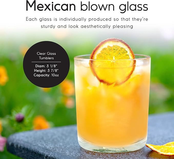 Clear 10 oz Tumblers (set of 6), Hand Blown Mexican Glassware, Recycled Glass Drinking Glasses, Lead-Free, Cocktail Margarita Glasses, Wine Glasses, Shot Glasses, Whiskey Glasses (Tumbler) - Image 2