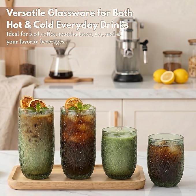 Green Drinking Glasses Set of 12, 12 Oz Highball & 10 Oz Cocktail Glasses, Green Kitchen Vintage Glassware Set, Floral Embossed Glass Tumbler Cups for Beer, Juice, Whiskey, Coffee(Leaf) - Image 7