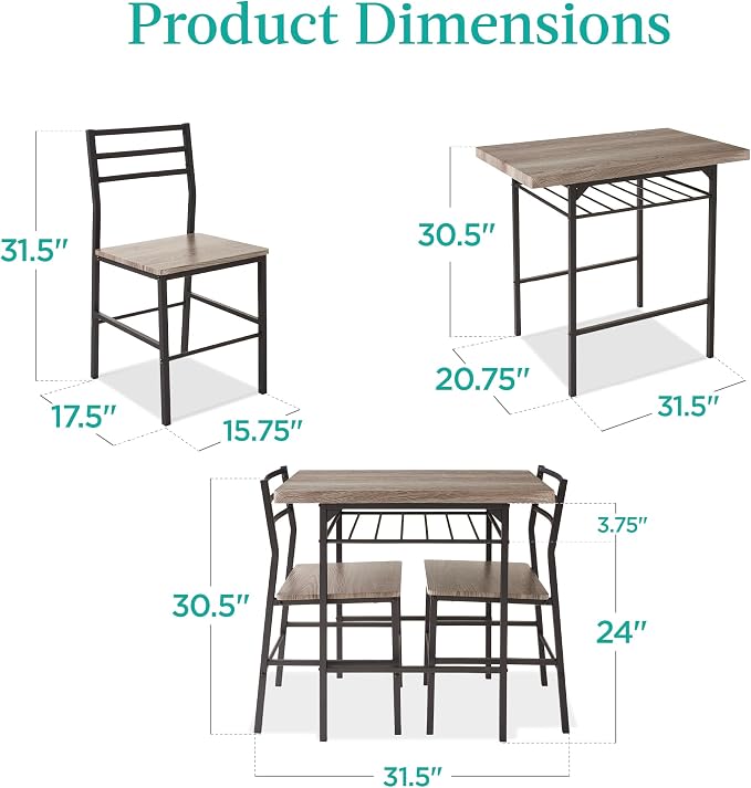 Best Choice Products 3-Piece Modern Dining Set, Space Saving Dinette for Kitchen, Dining Room, Small Space w/Steel Frame, Built-in Storage Rack - Gray/Black - Image 2