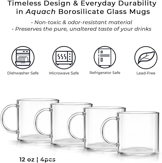 Aquach 12oz Glass Mugs Set of 4, Clear Borosilicate Cups with Handle | Dishwasher/Microwave Safe, 3.5mm Thick, Single-walled, Smooth Rim, Stable Flat Base, Fits Hot/Cold Brews - Image 6