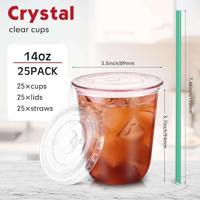 Baderke 25 Set Plastic Cups with Lids and Straws, Disposable Plastic Iced Coffee Cup for Cold Beverage Juice Smoothie Crystal for Coffee Shops Party Catering (Pink,14 oz) - Image 3