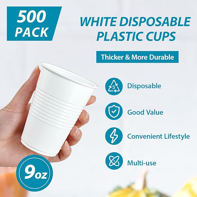 Lilymicky 500 Pack 9 oz Disposable Plastic Cups, 9 Ounce White Party Drinking Cups for Birthday Parties, Picnics, Ceremonies, and Wedding