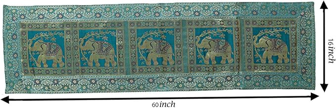 Indian Handmade Elephant Design Table Runner.Traditional Decorative Ethnic Kitchen Table Cloth for Wedding Bridal Birthday Party Decorations. 60 X 16 Green and Golden Color - Image 7