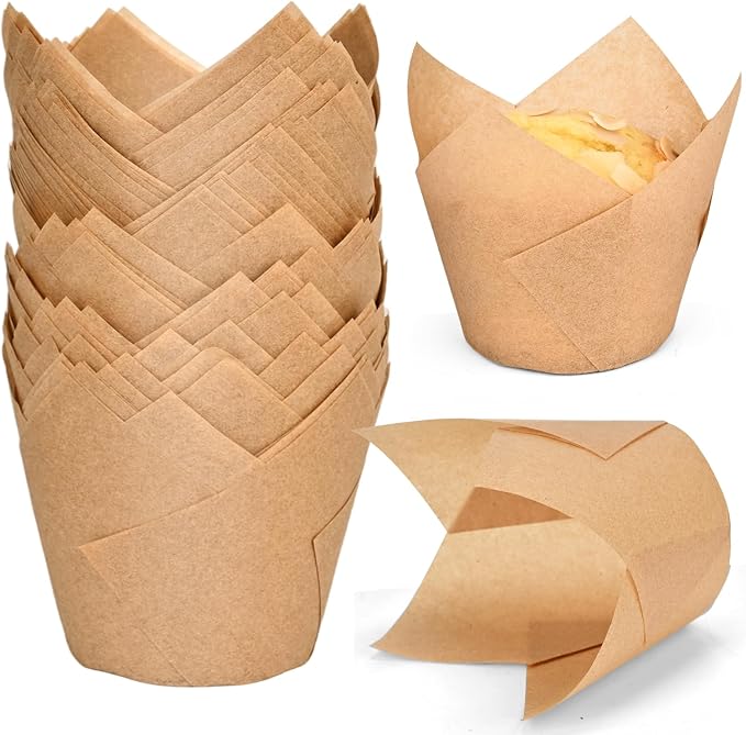 100pcs Extra Large Size Tulip Cupcake Liners for Baking Cups, Food Grade Parchment Paper Large Muffin Liners Holders, Greaseproof Cup cake Wrappers for Party, Christmas by Neyimqr (Natural) by Neyimqr