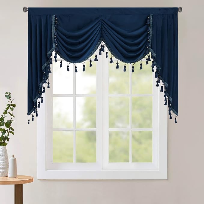 Navy Blue Waterfall Velvet Valances Curtains W59 inches, 1 Panel | Rod Pocket Waterfall Valance, Thermal Curtain Tiers, Vintage Style Match Home Decoration for Bathroom, Bay, French Door by StangH