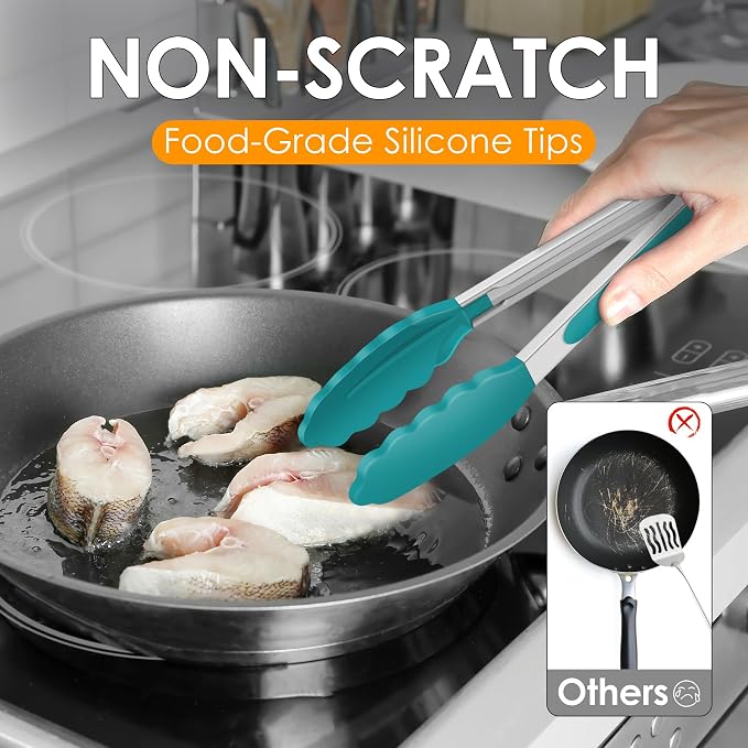 HOTEC Premium Stainless Steel Locking Kitchen Tongs with Silicon Tips, Set of 2-9" and 12", Turquoise - Image 3