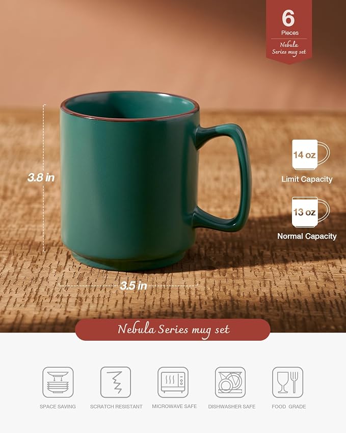 famiware Coffee Mugs Set of 6, Nebula 14oz Coffee Mugs, Ceramic Cup Set with Handle for Latte, Tea, Milk, Cappuccino, Cocoa, Dark Green - Image 5