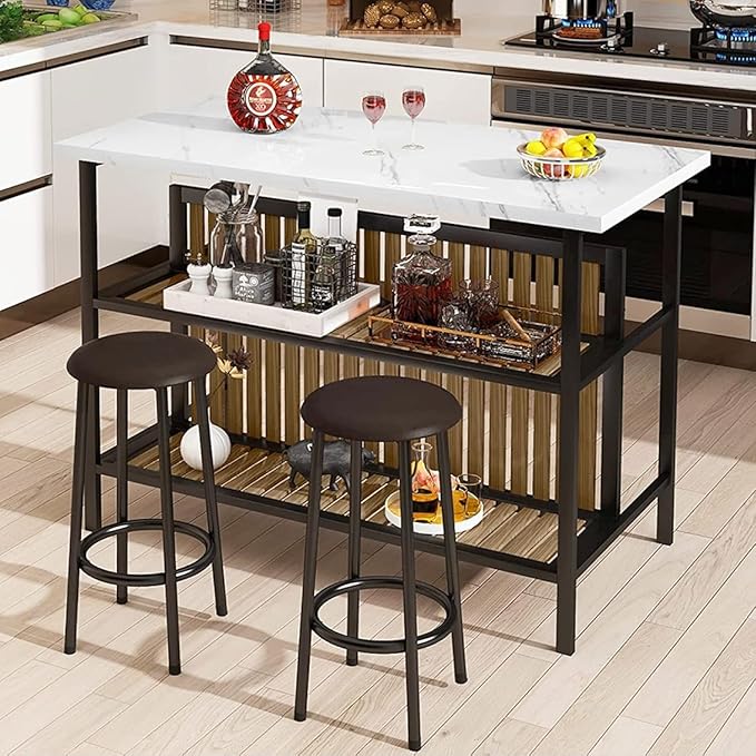 AWQM Kitchen Island with Seating & Storage Shelf, Modern Bar Table and Chairs Set for 2, Wooden Island Table for Kitchen, Dining Table Set for Small Space, White - Image 2