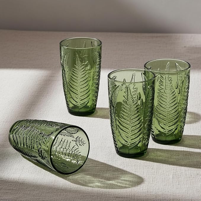 Green Drinking Glasses Set of 4, 16 oz Glass Cups, Vintage Fern Glassware | Hand-Pressed, Dishwasher Safe, Boho Leaf-Textured Drinkware, Embossed Highball Tumblers for Water, Retro Kitchen Gift - Image 2