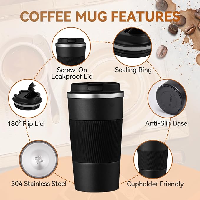 12OZ Travel Coffee Mug Insulated Coffee Cup with Spill Leak Proof Lid, Portable Stainless Steel Tumbler Reusable Hot and Cold Water Mug for Car, Daily, Camping-Black - Image 5