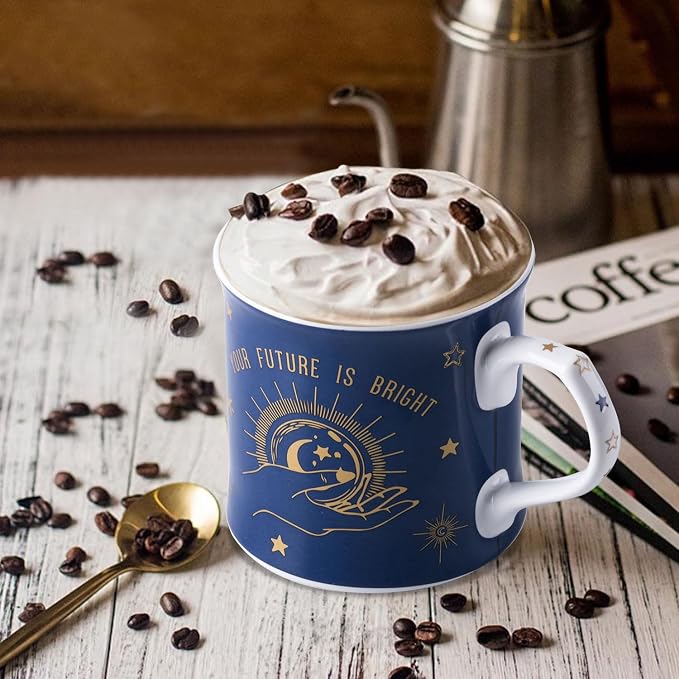 Blue Celestial Coffee Mug, "Your Future is Bright" Inspirational Theme Ceramic Mug, 12 oz New Bone China Mug with Tarot Symbols of Sun, Moon & Stars, Designed in England by Harvest Green Studio - Image 2