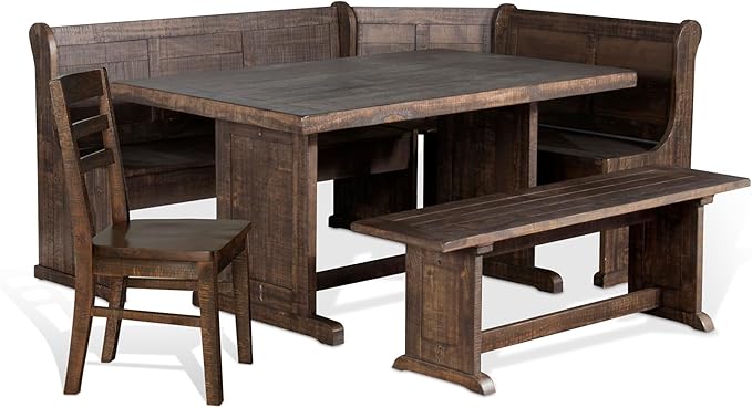 Pemberly Row Farmhouse Wood Kitchen Corner Breakfast Dining Nook Set with Table, Reversible Bench, Chair and Hidden Storage in Tobacco Leaf by PEMBERLYROW