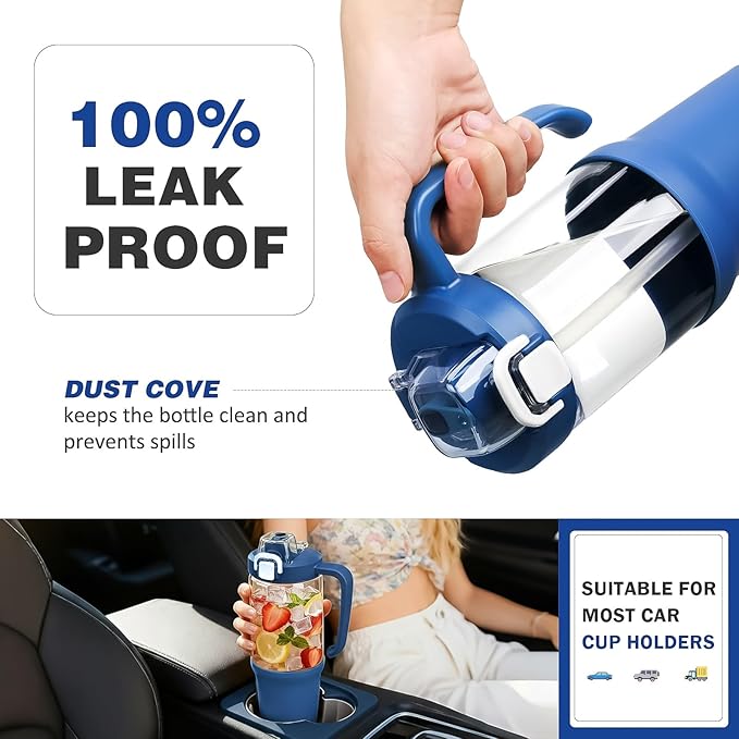 32 oz Glass Tumbler with Handle, 2-in-1 Straw and Sip Spout, Leakproof, BPA-Free Glass Water Bottle for Sports, Office, School, DBlue