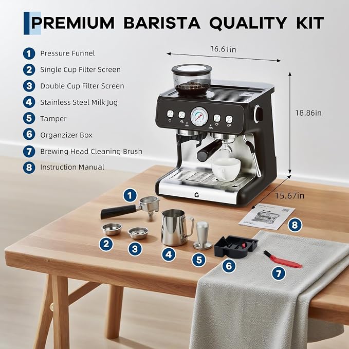 Deluxe Espresso Machine with Double Boiler, Built-in Burr Grinder | 30 Grind Settings, 2.8L Removable Tank, Use Milk Frother and Brew Espresso Simultaneously, Coffee Maker Steam Wand, Silvery - Image 5
