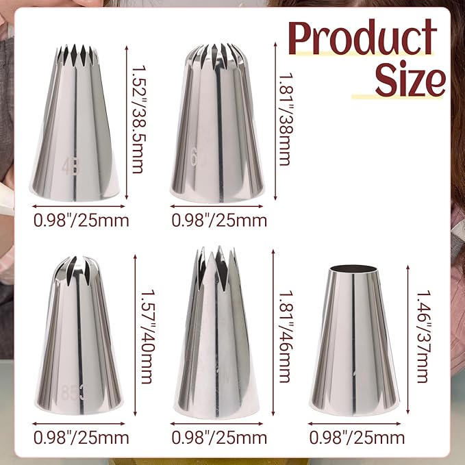 1M+6B+4B+853+1A Piping Tips Set for Cake Decorating - 5 Piece Stainless Steel Star Nozzles for Buttercream, Icing, Cupcakes & Cookies