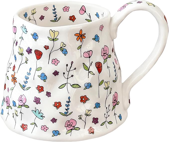 Large Ceramic Coffee Mug Cute Flower with Handmade Big Handle, 20oz Girly Pink Floral Tea Cup for Women Mothers Day, Novelty Irregular Oversized Christmas Mugs for Latte Tea Milk Cocoa by Movlen