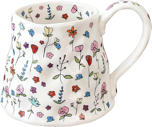 Large Ceramic Coffee Mug Cute Flower with Handmade Big Handle, 20oz Girly Pink Floral Tea Cup for Women Mothers Day, Novelty Irregular Oversized Christmas Mugs for Latte Tea Milk Cocoa by Movlen