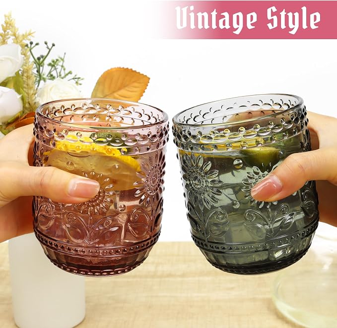 Topsky Vintage Drinking Glass Set of 6,12 oz Embossed Floral Decorative Glassware Set,Glass Cups Wine Glasses Beverages Tumblers Colored Glassware for Whisky,Beer,Juice,Cocktail,Heavy Duty - Image 3