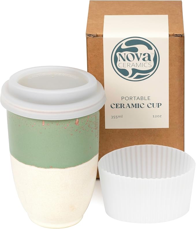 NOVA CERAMICS Travel Mug - Ceramic To Go Coffee Mug With Lid – Travel Mug Ceramic To Go Cup – Microwave & Dishwasher Safe Ceramic Coffee Mug With Lid - Gifts For Women Men Him Her – 12oz – Sage Green by NovaCeramics