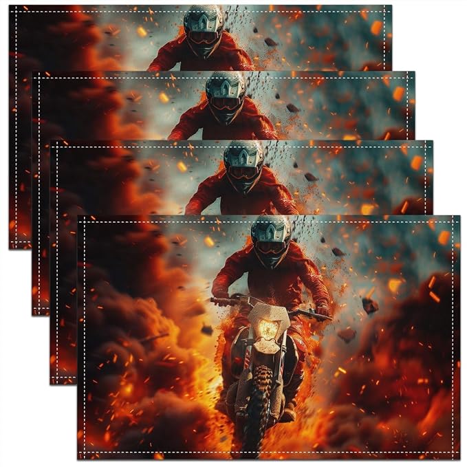 Feelyou Dirt Bike Placemats Set of 4 12"x18" Extreme Sports Placemats for Dining Table Indoor Outdoor Kitchen Racing Motocross Rider Table Mats Placemat Motorcycle Decor Table Place Mats Motorbike by Feelyou